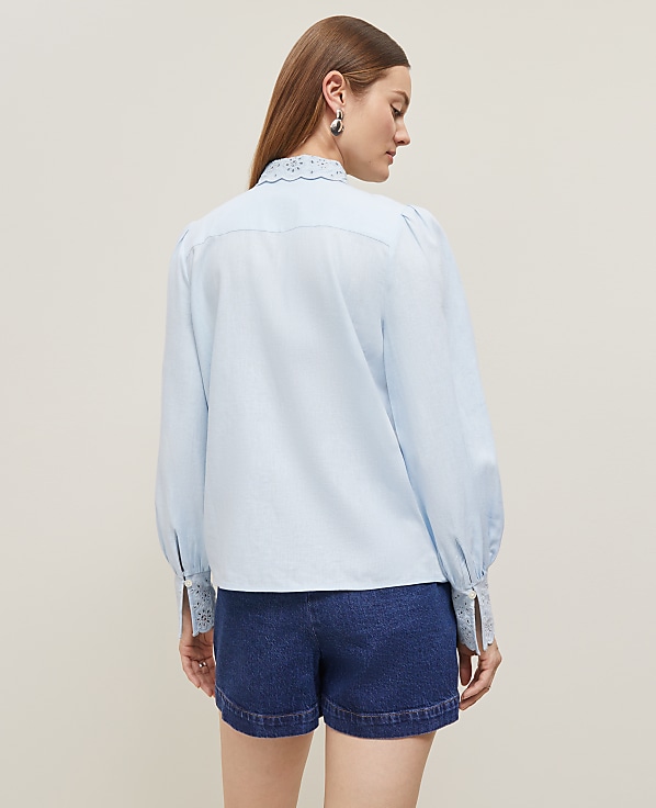 Embroidered Linen Blend Pocket Shirt