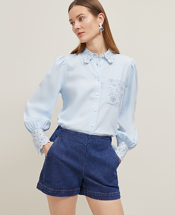 Embroidered Linen Blend Pocket Shirt