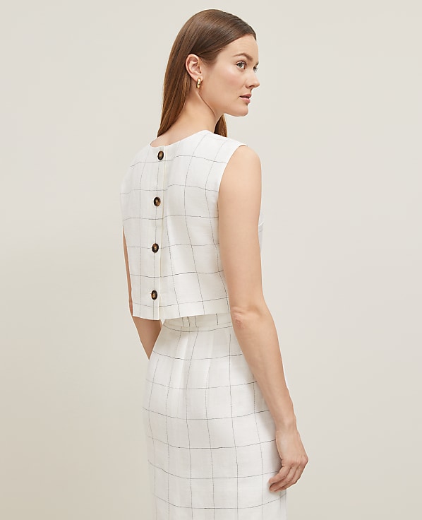 The Button Back Cropped Top in Windowpane Linen Blend