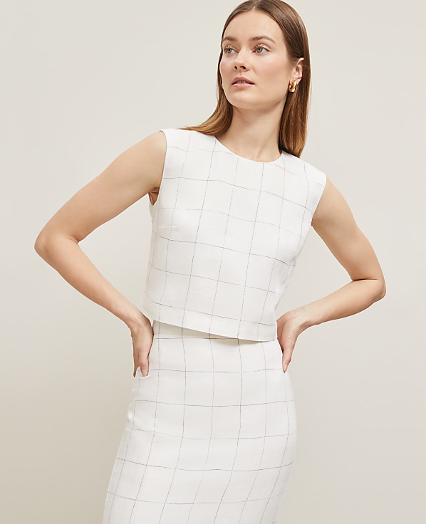 The Button Back Cropped Top in Windowpane Linen Blend
