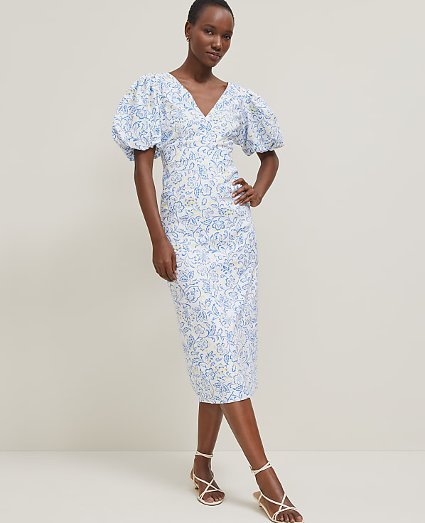 Floral Linen Blend Puff Sleeve Sheath Dress