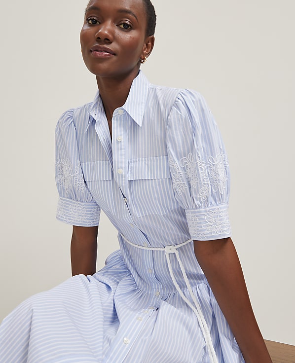 Embroidered Trim Striped Shirtdress