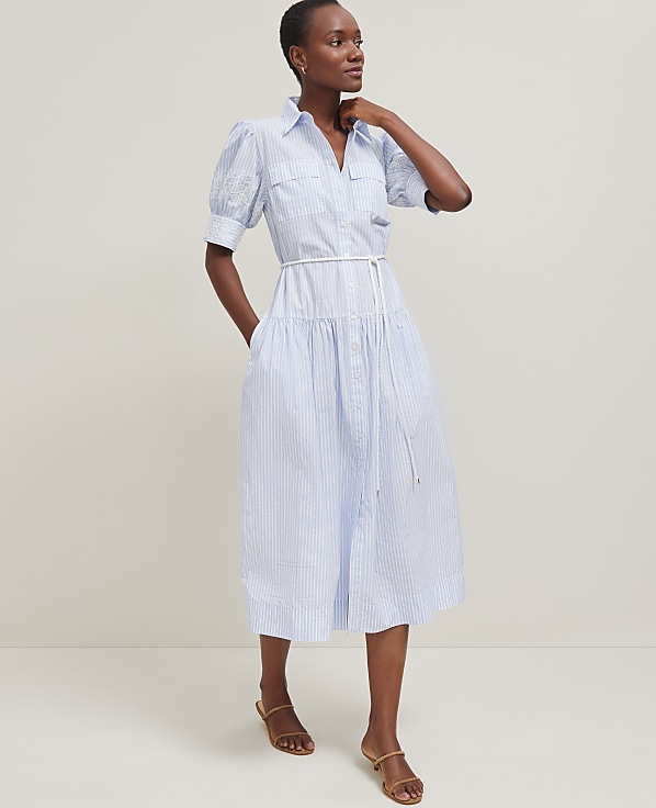 Embroidered Trim Striped Shirtdress