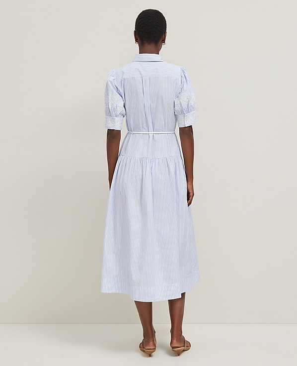 Embroidered Trim Striped Shirtdress