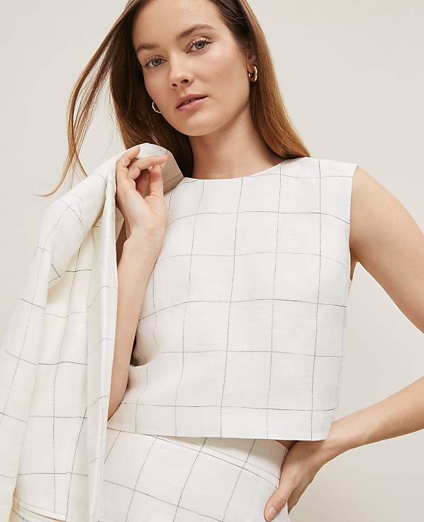The Button Back Cropped Top in Windowpane Linen Blend