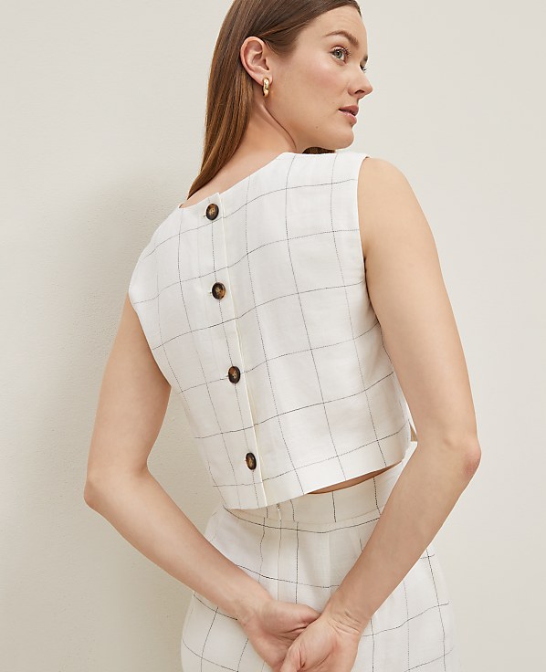The Button Back Cropped Top in Windowpane Linen Blend