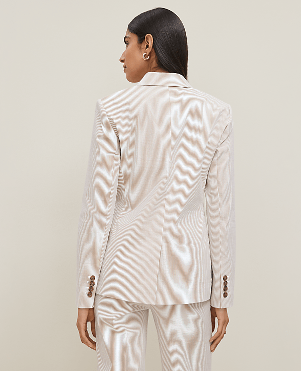 The Petite Long Notched Two Button Blazer in Seersucker