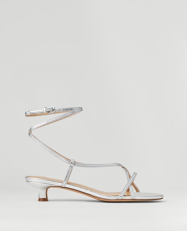 Metallic Strappy Ankle Wrap Kitten Heel Sandals