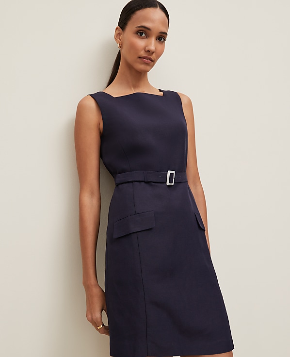 Linen Blend Square Neck Sheath Dress