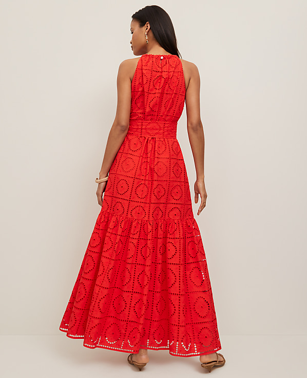 Petite Eyelet Halter Flare Maxi Dress