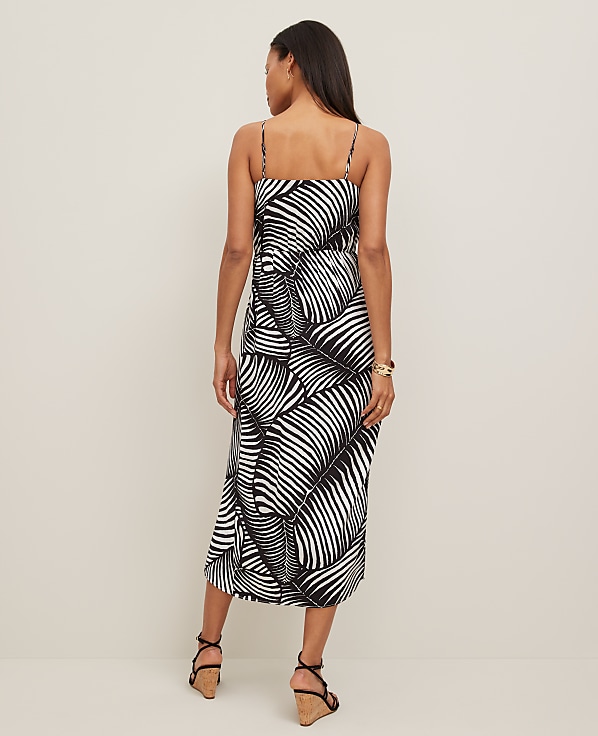 Satin Strappy Sheath Dress in Palm Print