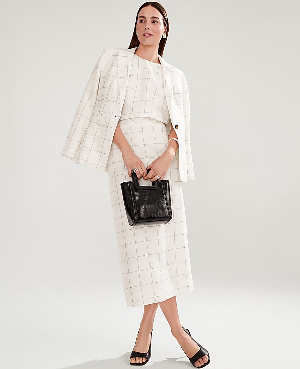 The Clean Midi Skirt in Windowpane Linen Blend