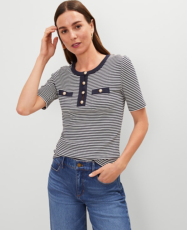 Petite Striped Contrast Trim Henley Top