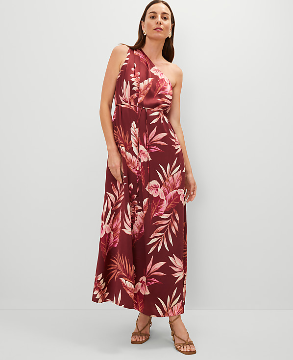 Studio Collection One-Shoulder Silk Dress in Tropical Print