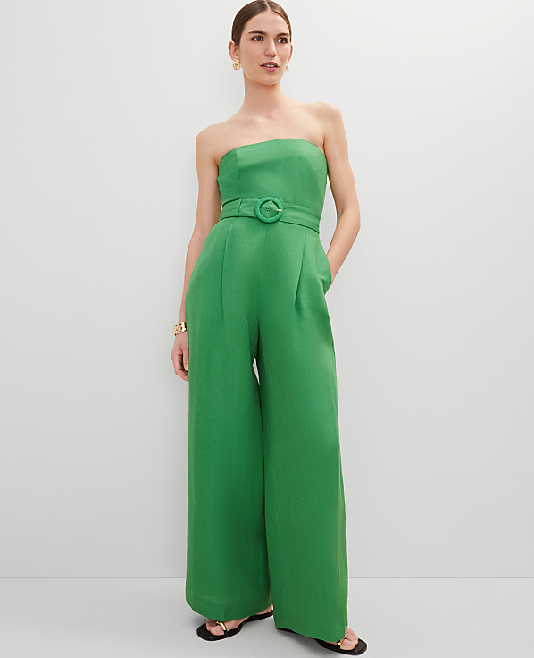 Belted Strapless Linen Blend Jumpsuit