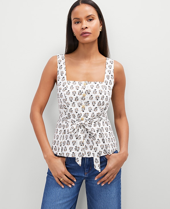Floral Linen Blend Tie Waist Top