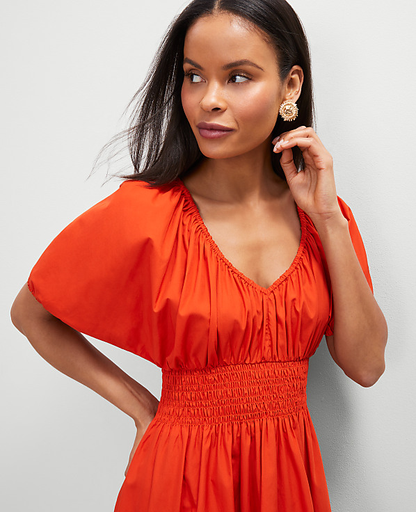 Smocked Puff Sleeve Midi Dress