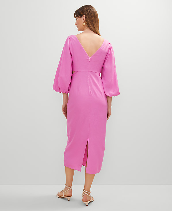 Linen Blend Puff Sleeve Midi Dress