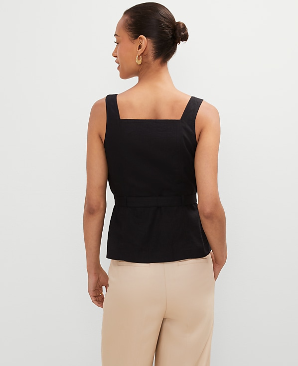 Petite Linen Blend Button Tie Waist Top