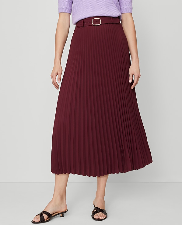 Belted Pleated Midi Skirt