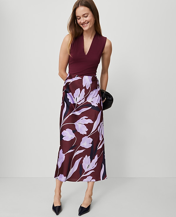 Floral Satin Bias Slip Skirt
