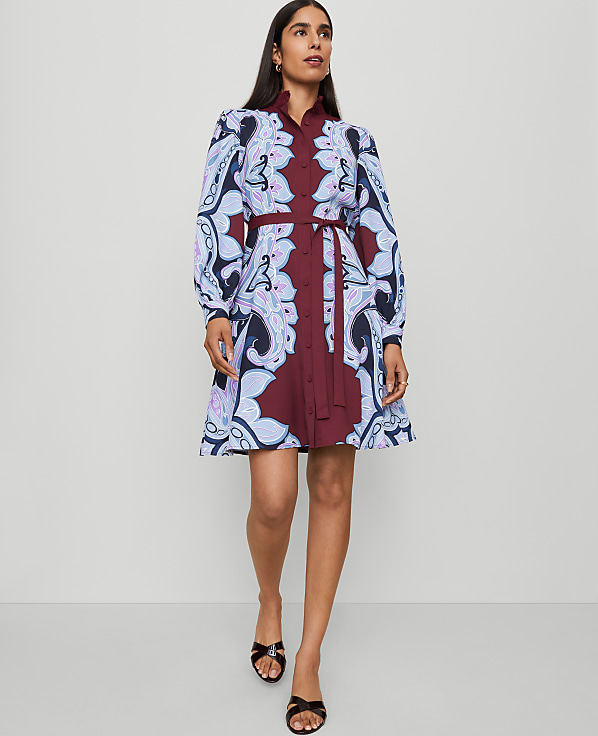 Paisley Ruffle Collar Flare Dress