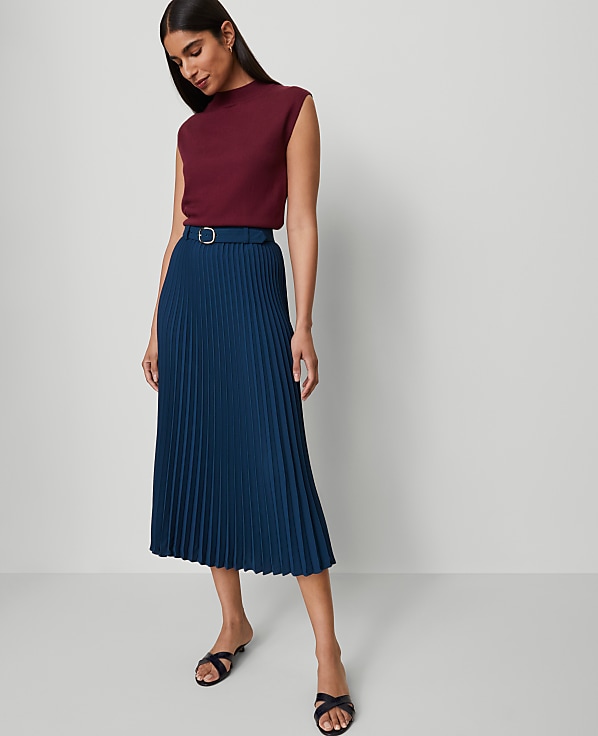 Petite Belted Pleated Midi Skirt