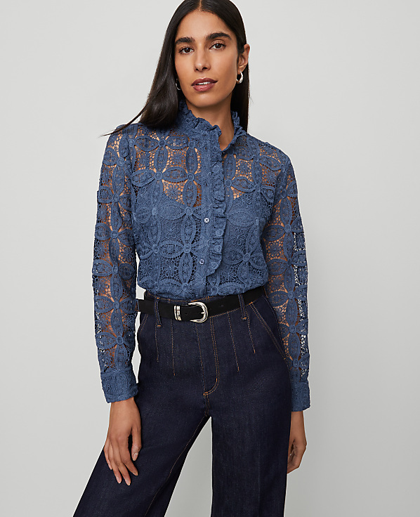 Petite Ruffle Collar Lace Blouse