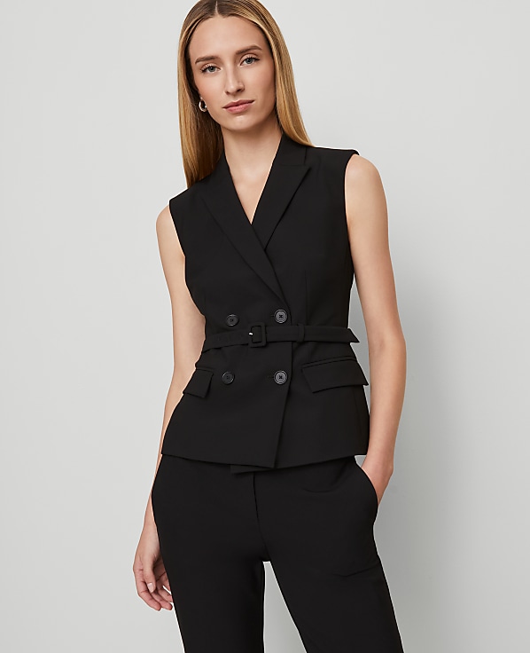 Petite Belted Double Breasted Vest in Seasonless Stretch