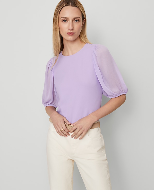 Mixed Media Pleated Sleeve Top