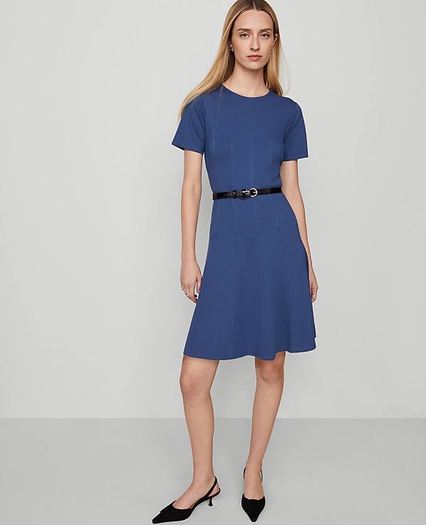 Crew Neck Belted Flare Dress