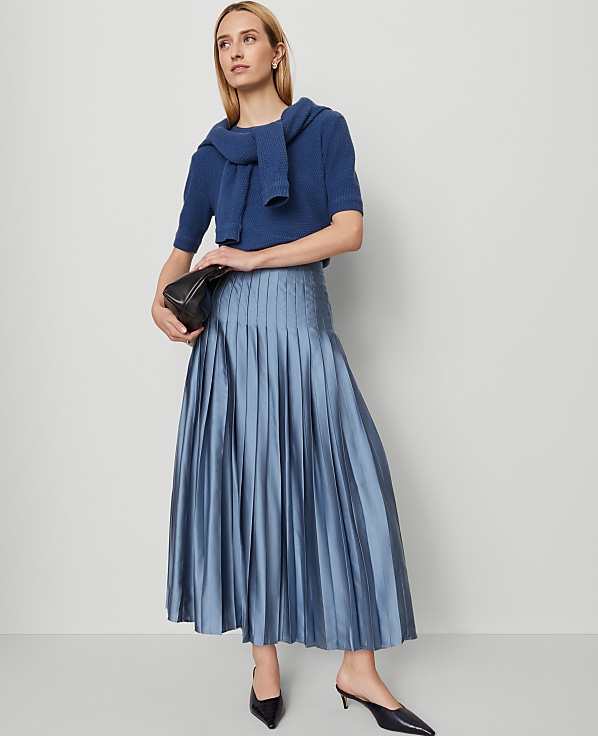 Satin Pleated Midi Skirt