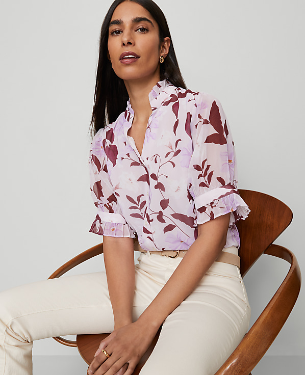 Floral Ruffle Collar Shirt