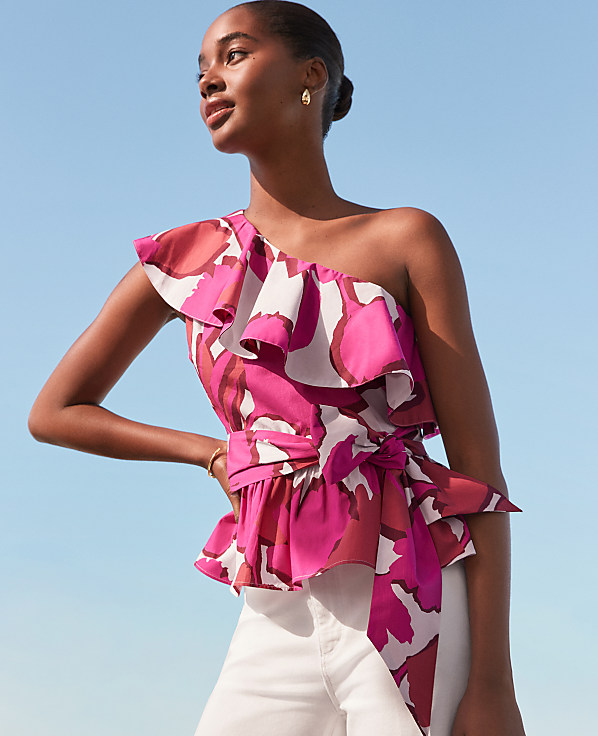 Petite Floral One-Shoulder Tie Waist Blouse
