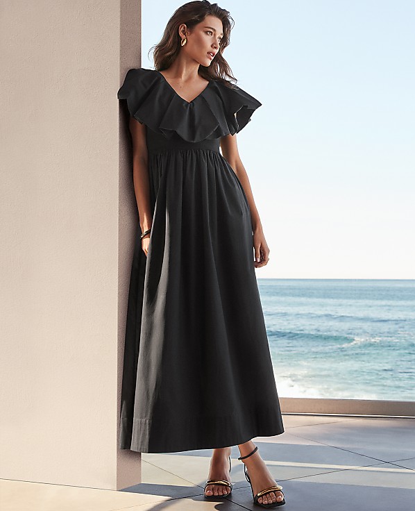 Petite Ruffle Collar Maxi Flare Dress