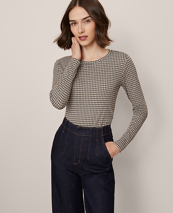 Petite Houndstooth Crew Neck Top