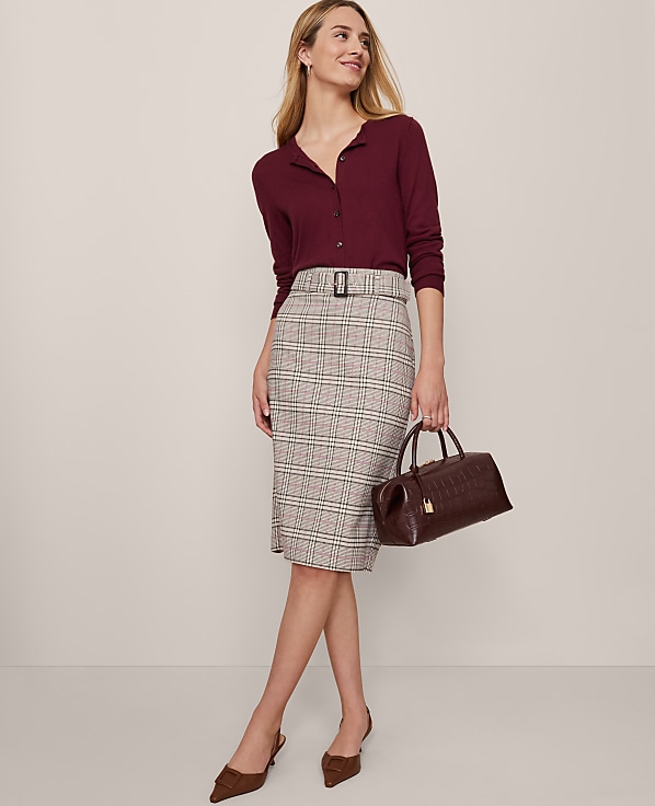 Plaid Belted Midi Pencil Skirt
