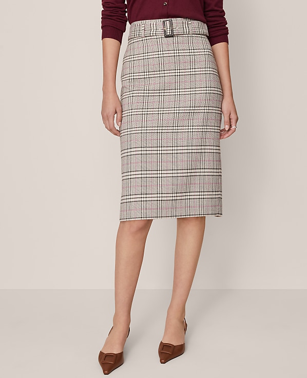 Plaid Belted Midi Pencil Skirt