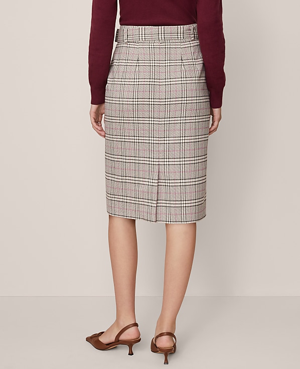Plaid Belted Midi Pencil Skirt