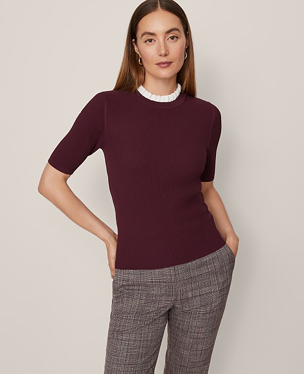 Ruffle Neck Ribbed Sweater