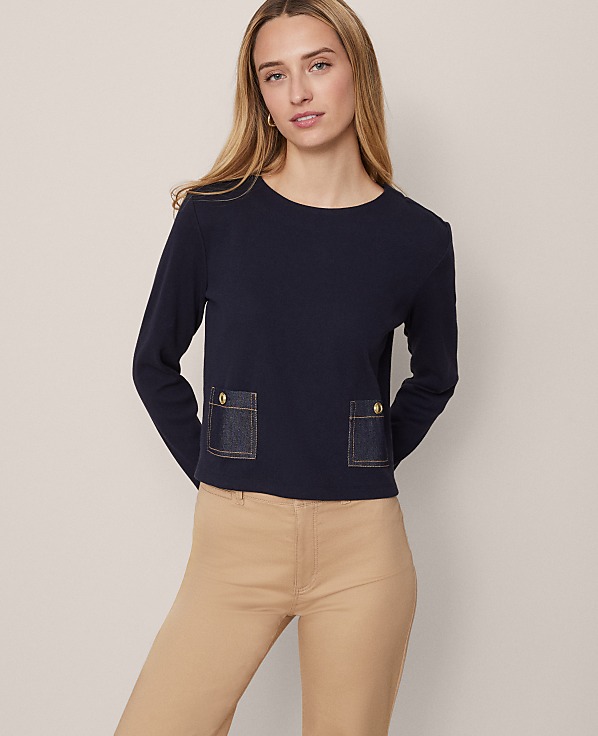 Petite Weekend Denim Patch Pocket Pullover