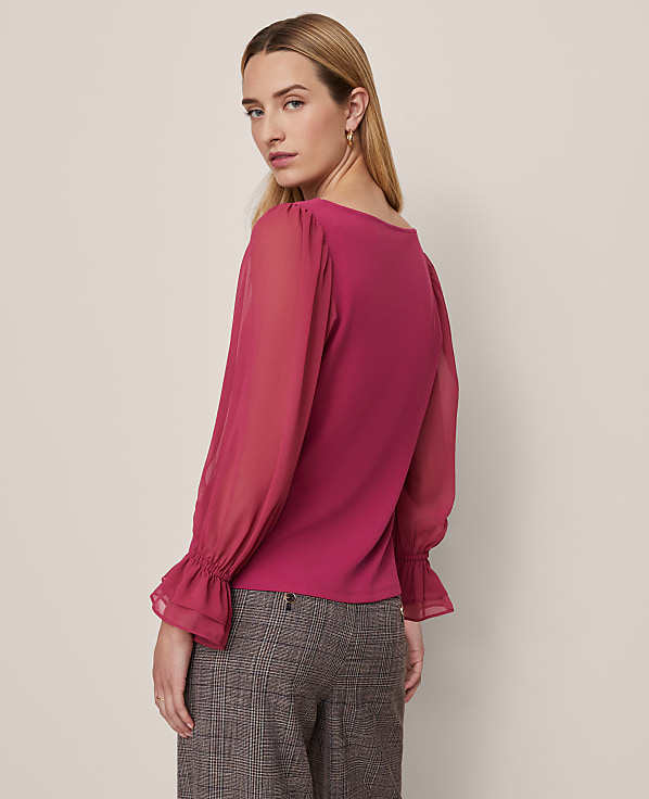 Mixed Media Pleated Sleeve Top