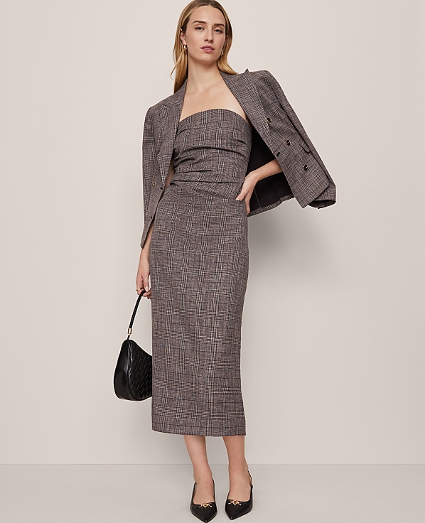 Petite Gathered Strapless Midi Dress in Plaid