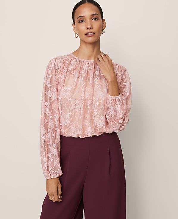 Petite Crew Neck Shirred Blouse