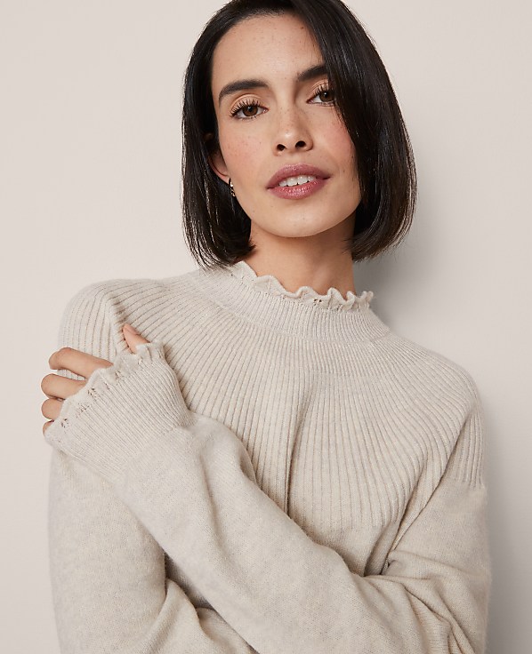 Petite Ruffle Trimmed Mock Neck Sweater
