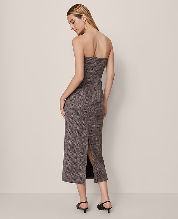 Petite Gathered Strapless Midi Dress in Plaid