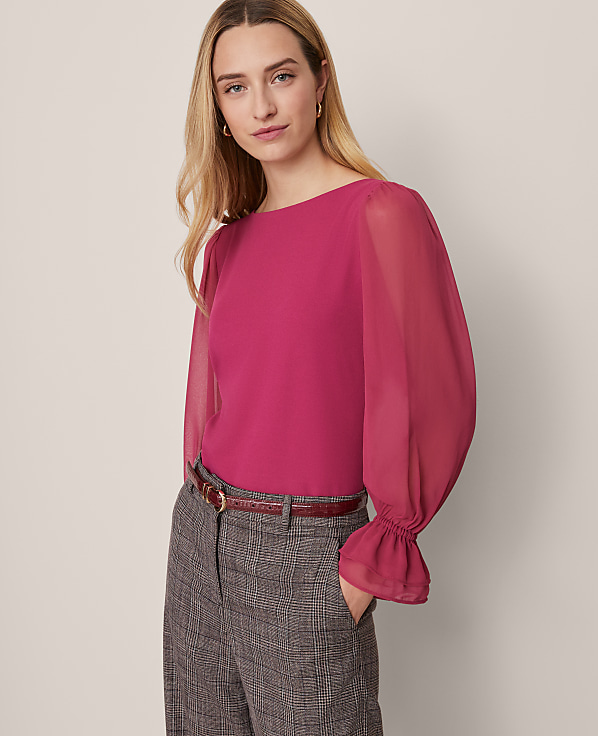 Mixed Media Pleated Sleeve Top