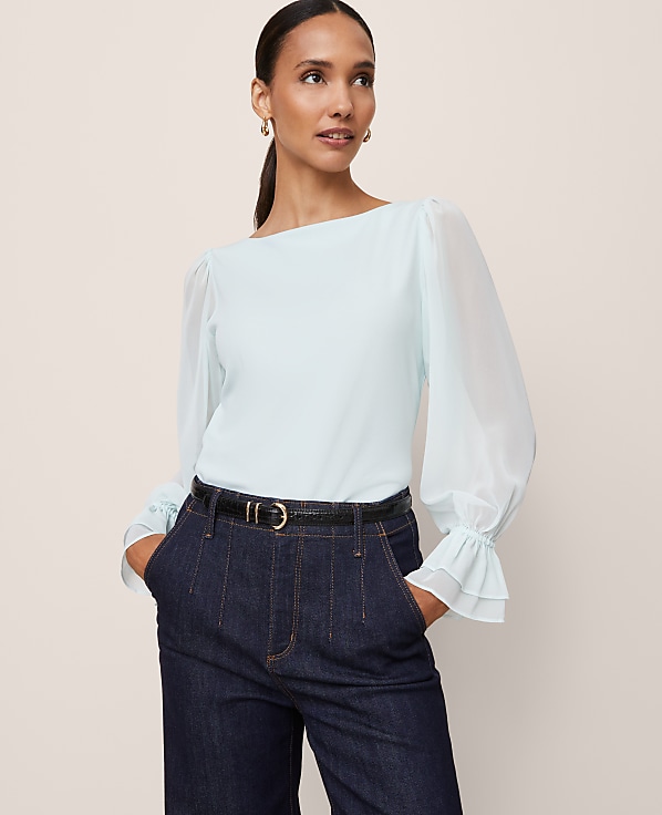 Mixed Media Pleated Sleeve Top