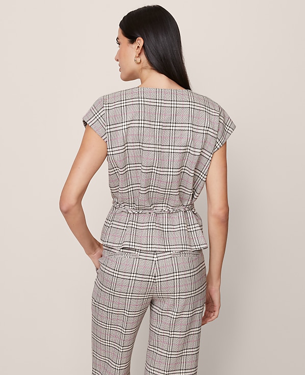 Plaid Wrap Tie Waist Blouse