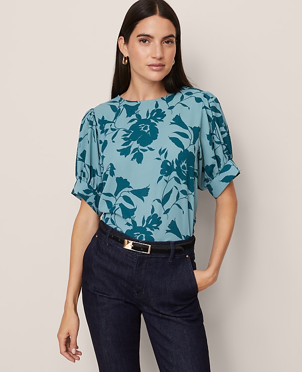 Floral Mixed Media Gathered Sleeve Top